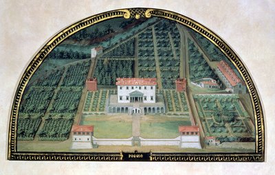 Villa Poggio a Caiano aus einer Serie von Lünetten, die Ansichten der Medici-Villen darstellen, 1599 (Tempera auf Holz) von Giusto Utens